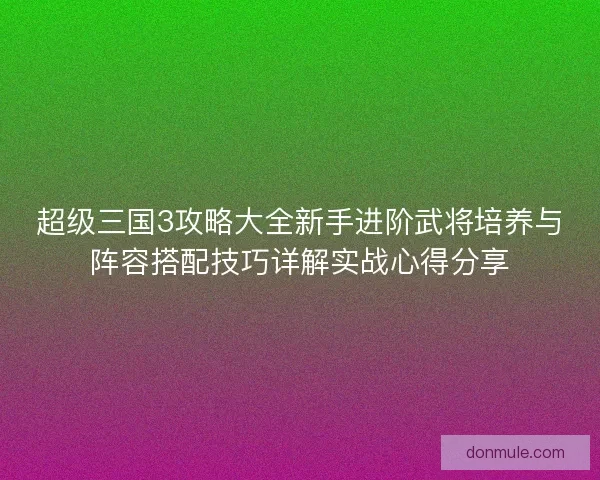 超级三国3攻略大全新手进阶武将培养与阵容搭配技巧详解实战心得分享